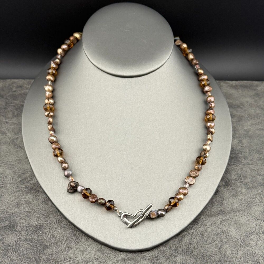 Beaded Necklace 925 Silver Heart Clasp Brown Freshwater Pearls Faceted Crystals